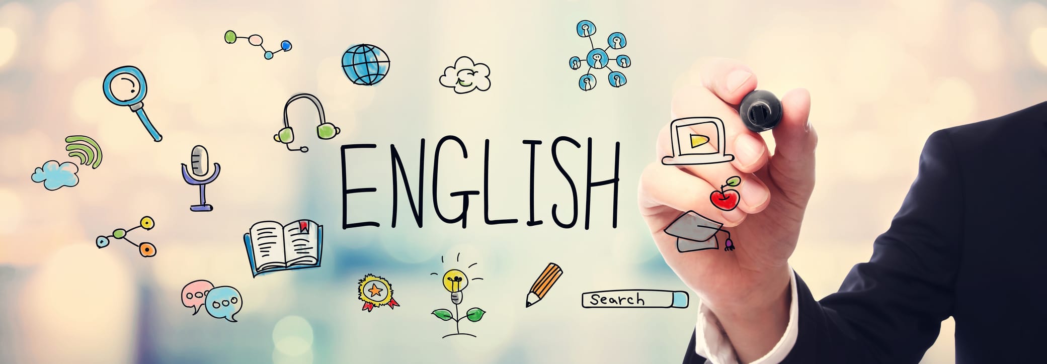 Businessman drawing English concept on blurred abstract background